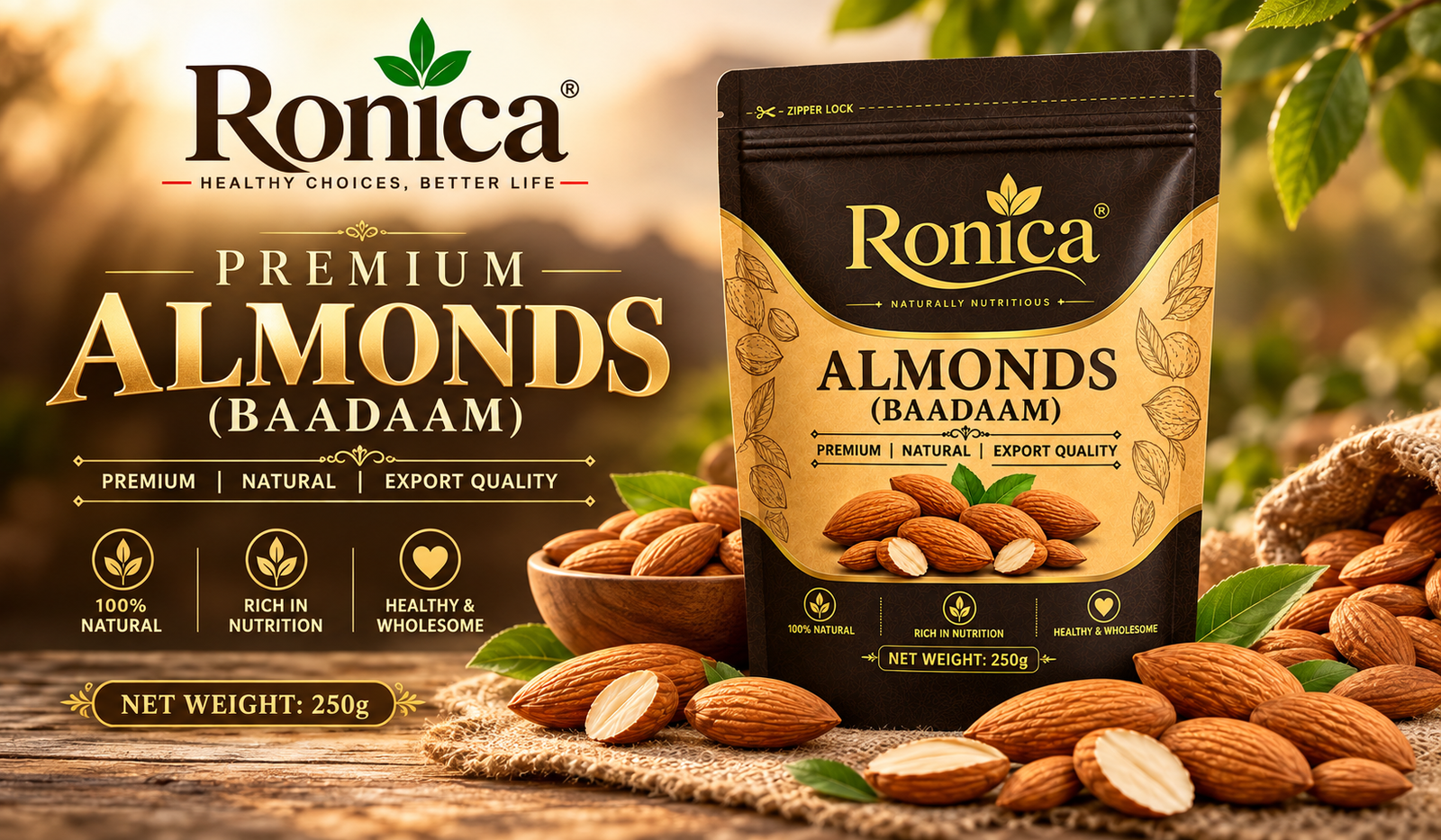 Ronica Almonds  California Almonds  100% Natural - 250g