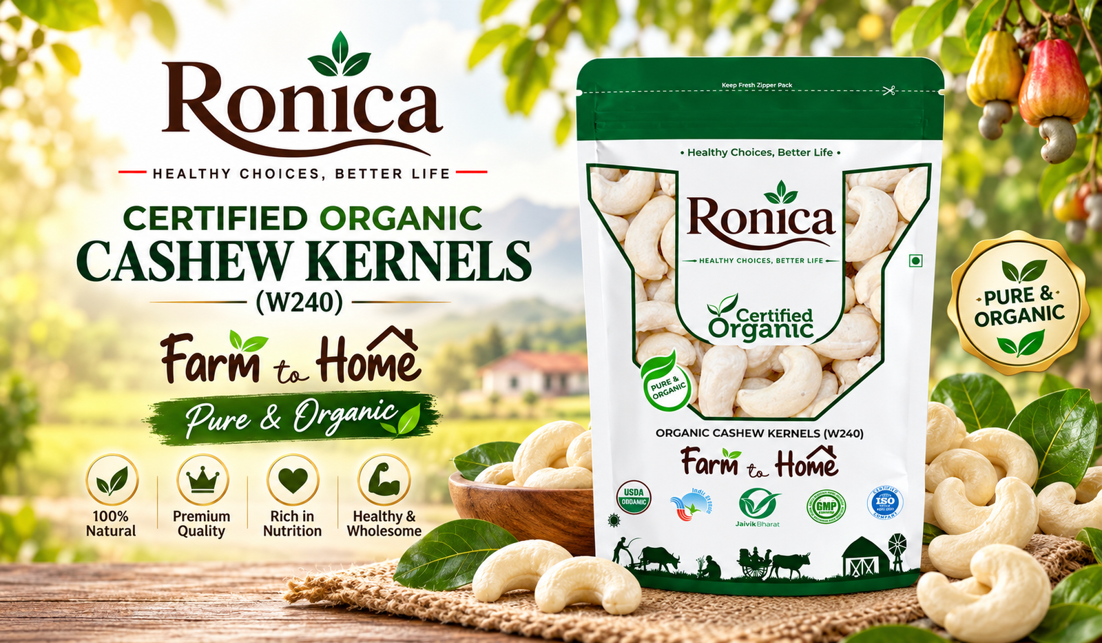 Ronica Organic Pure Cashews Whole, Kaju, 250g,
